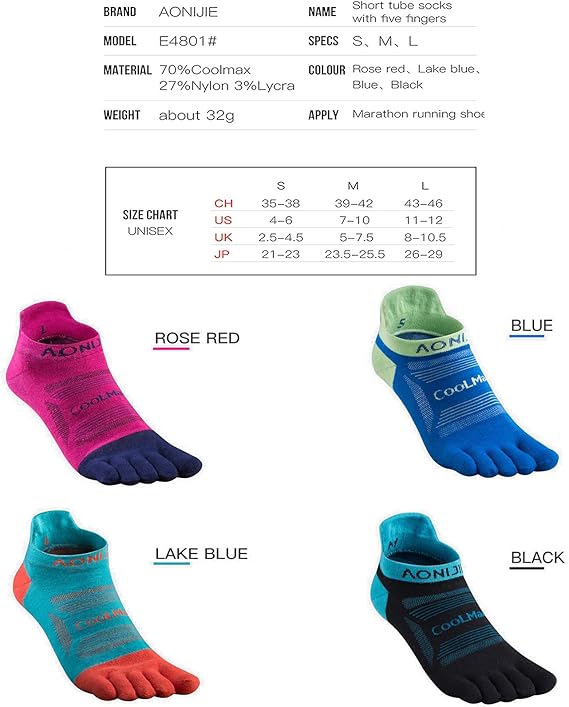 AONIJIE Sports Socks Athletic Five Toe Socks for Men Women Running Hiking Wicking Crew Low Cut